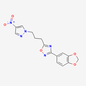 molecular formula C15H13N5O5 B4325856 3-(1,3-benzodioxol-5-yl)-5-[3-(4-nitro-1H-pyrazol-1-yl)propyl]-1,2,4-oxadiazole 