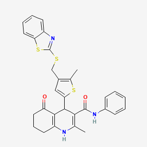 molecular formula C30H27N3O2S3 B4326412 4-{4-[(1,3-benzothiazol-2-ylthio)methyl]-5-methyl-2-thienyl}-2-methyl-5-oxo-N-phenyl-1,4,5,6,7,8-hexahydroquinoline-3-carboxamide 
