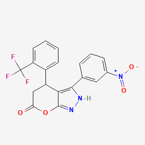 molecular formula C19H12F3N3O4 B4327229 3-(3-nitrophenyl)-4-[2-(trifluoromethyl)phenyl]-4,5-dihydropyrano[2,3-c]pyrazol-6(1H)-one 