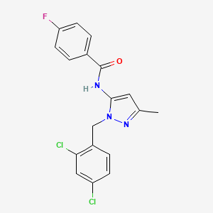 molecular formula C18H14Cl2FN3O B4327278 N-[1-(2,4-dichlorobenzyl)-3-methyl-1H-pyrazol-5-yl]-4-fluorobenzamide 
