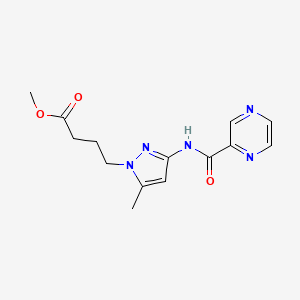 molecular formula C14H17N5O3 B4327745 methyl 4-{5-methyl-3-[(pyrazin-2-ylcarbonyl)amino]-1H-pyrazol-1-yl}butanoate 