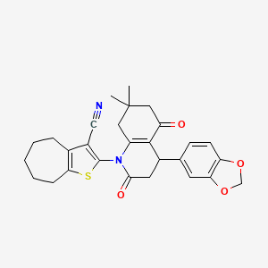 molecular formula C28H28N2O4S B4328004 2-[4-(1,3-benzodioxol-5-yl)-7,7-dimethyl-2,5-dioxo-3,4,5,6,7,8-hexahydroquinolin-1(2H)-yl]-5,6,7,8-tetrahydro-4H-cyclohepta[b]thiophene-3-carbonitrile 