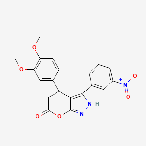 molecular formula C20H17N3O6 B4328015 4-(3,4-dimethoxyphenyl)-3-(3-nitrophenyl)-4,5-dihydropyrano[2,3-c]pyrazol-6(1H)-one 