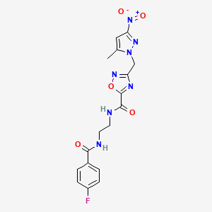 molecular formula C17H16FN7O5 B4328212 N-{2-[(4-fluorobenzoyl)amino]ethyl}-3-[(5-methyl-3-nitro-1H-pyrazol-1-yl)methyl]-1,2,4-oxadiazole-5-carboxamide 