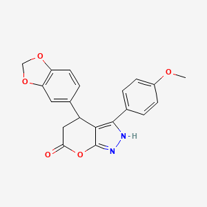 molecular formula C20H16N2O5 B4328236 4-(1,3-benzodioxol-5-yl)-3-(4-methoxyphenyl)-4,5-dihydropyrano[2,3-c]pyrazol-6(1H)-one 