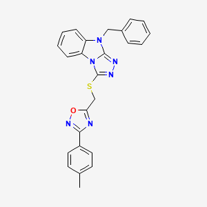 molecular formula C25H20N6OS B4328285 9-benzyl-3-({[3-(4-methylphenyl)-1,2,4-oxadiazol-5-yl]methyl}thio)-9H-[1,2,4]triazolo[4,3-a]benzimidazole 