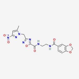 molecular formula C18H17N7O7 B4328363 N-{2-[(1,3-benzodioxol-5-ylcarbonyl)amino]ethyl}-3-[(5-methyl-3-nitro-1H-pyrazol-1-yl)methyl]-1,2,4-oxadiazole-5-carboxamide 