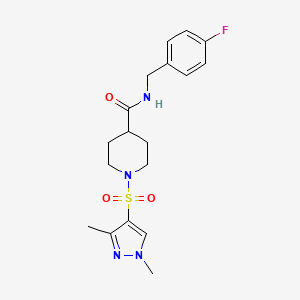 molecular formula C18H23FN4O3S B4328523 1-[(1,3-dimethyl-1H-pyrazol-4-yl)sulfonyl]-N-(4-fluorobenzyl)piperidine-4-carboxamide 