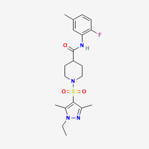 molecular formula C20H27FN4O3S B4328536 1-[(1-ethyl-3,5-dimethyl-1H-pyrazol-4-yl)sulfonyl]-N-(2-fluoro-5-methylphenyl)piperidine-4-carboxamide 