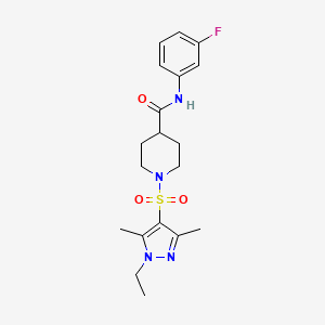 molecular formula C19H25FN4O3S B4328542 1-[(1-ethyl-3,5-dimethyl-1H-pyrazol-4-yl)sulfonyl]-N-(3-fluorophenyl)piperidine-4-carboxamide 