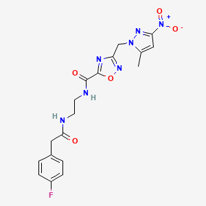 molecular formula C18H18FN7O5 B4328632 N-(2-{[(4-fluorophenyl)acetyl]amino}ethyl)-3-[(5-methyl-3-nitro-1H-pyrazol-1-yl)methyl]-1,2,4-oxadiazole-5-carboxamide 