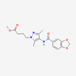 molecular formula C18H21N3O5 B4329413 methyl 4-{4-[(1,3-benzodioxol-5-ylcarbonyl)amino]-3,5-dimethyl-1H-pyrazol-1-yl}butanoate 