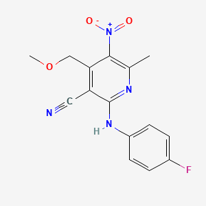 molecular formula C15H13FN4O3 B4329503 2-[(4-fluorophenyl)amino]-4-(methoxymethyl)-6-methyl-5-nitronicotinonitrile 
