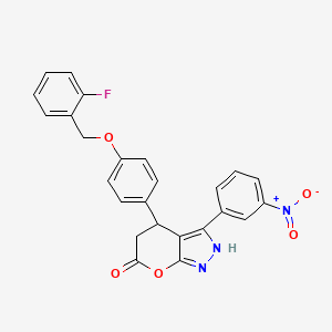molecular formula C25H18FN3O5 B4329827 4-{4-[(2-fluorobenzyl)oxy]phenyl}-3-(3-nitrophenyl)-4,5-dihydropyrano[2,3-c]pyrazol-6(1H)-one 
