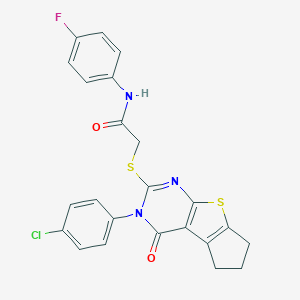 molecular formula C23H17ClFN3O2S2 B433003 2-{[3-(4-chlorophenyl)-4-oxo-3,5,6,7-tetrahydro-4H-cyclopenta[4,5]thieno[2,3-d]pyrimidin-2-yl]sulfanyl}-N-(4-fluorophenyl)acetamide CAS No. 353460-99-8
