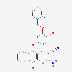 molecular formula C28H19FN2O5 B4330092 2-amino-4-{4-[(2-fluorobenzyl)oxy]-3-methoxyphenyl}-5,10-dioxo-5,10-dihydro-4H-benzo[g]chromene-3-carbonitrile 