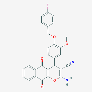 molecular formula C28H19FN2O5 B4330097 2-amino-4-{4-[(4-fluorobenzyl)oxy]-3-methoxyphenyl}-5,10-dioxo-5,10-dihydro-4H-benzo[g]chromene-3-carbonitrile 