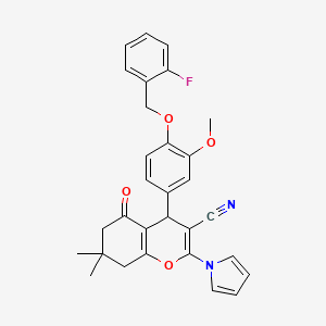 molecular formula C30H27FN2O4 B4330139 4-{4-[(2-fluorobenzyl)oxy]-3-methoxyphenyl}-7,7-dimethyl-5-oxo-2-(1H-pyrrol-1-yl)-5,6,7,8-tetrahydro-4H-chromene-3-carbonitrile 
