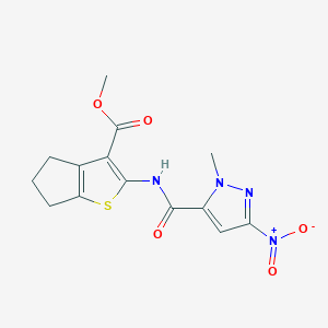 molecular formula C14H14N4O5S B4330537 methyl 2-{[(1-methyl-3-nitro-1H-pyrazol-5-yl)carbonyl]amino}-5,6-dihydro-4H-cyclopenta[b]thiophene-3-carboxylate 