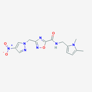 molecular formula C14H15N7O4 B4330932 N-[(1,5-dimethyl-1H-pyrrol-2-yl)methyl]-3-[(4-nitro-1H-pyrazol-1-yl)methyl]-1,2,4-oxadiazole-5-carboxamide 