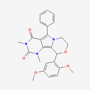 molecular formula C25H25N3O5 B4330984 10-(2,5-dimethoxyphenyl)-1,3-dimethyl-5-phenyl-1,7,8,10-tetrahydro-2H-pyrimido[4',5':3,4]pyrrolo[2,1-c][1,4]oxazine-2,4(3H)-dione 