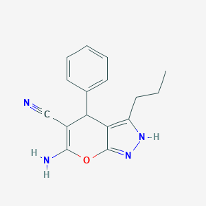 molecular formula C16H16N4O B433150 6-Amino-4-phenyl-3-propyl-1,4-dihydropyrano[2,3-c]pyrazole-5-carbonitrile CAS No. 300393-93-5