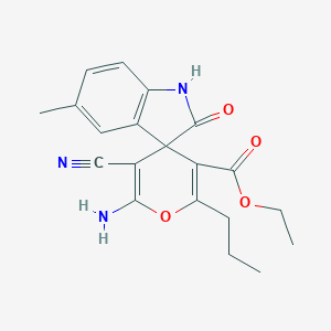 molecular formula C20H21N3O4 B433173 Ethyl 6'-amino-5'-cyano-5-methyl-2-oxo-2'-propyl-1,2-dihydrospiro[indole-3,4'-pyran]-3'-carboxylate CAS No. 300731-75-3