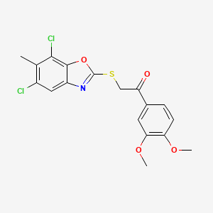 molecular formula C18H15Cl2NO4S B4331875 2-[(5,7-dichloro-6-methyl-1,3-benzoxazol-2-yl)thio]-1-(3,4-dimethoxyphenyl)ethanone 