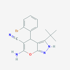 molecular formula C17H17BrN4O B433205 6-Amino-4-(2-bromophenyl)-3-tert-butyl-1,4-dihydropyrano[2,3-c]pyrazole-5-carbonitrile CAS No. 309278-33-9