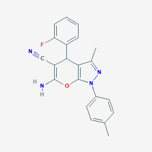 molecular formula C21H17FN4O B433217 6-amino-4-(2-fluorophenyl)-3-methyl-1-(4-methylphenyl)-4H-pyrano[2,3-c]pyrazole-5-carbonitrile CAS No. 309278-39-5