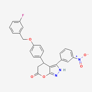 molecular formula C25H18FN3O5 B4332353 4-{4-[(3-fluorobenzyl)oxy]phenyl}-3-(3-nitrophenyl)-4,5-dihydropyrano[2,3-c]pyrazol-6(1H)-one 