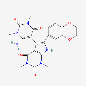 molecular formula C22H22N6O6 B4332370 5-(6-amino-1,3-dimethyl-2,4-dioxo-1,2,3,4-tetrahydropyrimidin-5-yl)-6-(2,3-dihydro-1,4-benzodioxin-6-yl)-1,3-dimethyl-1H-pyrrolo[2,3-d]pyrimidine-2,4(3H,7H)-dione 