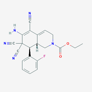 molecular formula C21H18FN5O2 B433246 ethyl 6-amino-5,7,7-tricyano-8-(2-fluorophenyl)-3,7,8,8a-tetrahydro-2(1H)-isoquinolinecarboxylate CAS No. 488783-66-0