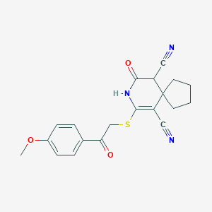 molecular formula C20H19N3O3S B433274 7-{[2-(4-Methoxyphenyl)-2-oxoethyl]sulfanyl}-9-oxo-8-azaspiro[4.5]dec-6-ene-6,10-dicarbonitrile CAS No. 340808-78-8