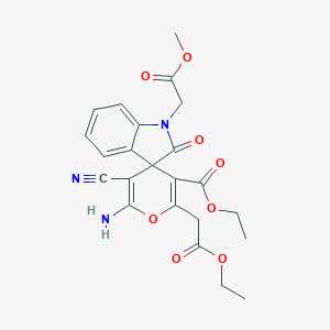 molecular formula C23H23N3O8 B433295 Ethyl 6'-amino-5'-cyano-2'-(2-ethoxy-2-oxoethyl)-1-(2-methoxy-2-oxoethyl)-2-oxospiro[indole-3,4'-pyran]-3'-carboxylate CAS No. 445222-54-8