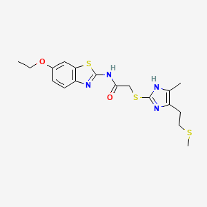 molecular formula C18H22N4O2S3 B4332960 N-(6-ethoxy-1,3-benzothiazol-2-yl)-2-({4-methyl-5-[2-(methylthio)ethyl]-1H-imidazol-2-yl}thio)acetamide 