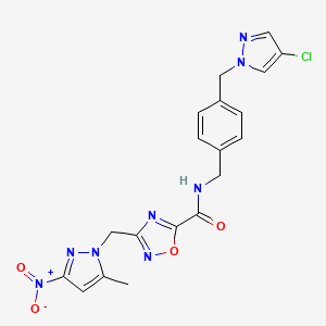 molecular formula C19H17ClN8O4 B4333270 N-{4-[(4-chloro-1H-pyrazol-1-yl)methyl]benzyl}-3-[(5-methyl-3-nitro-1H-pyrazol-1-yl)methyl]-1,2,4-oxadiazole-5-carboxamide 