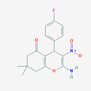 molecular formula C17H17FN2O4 B433329 2-amino-4-(4-fluorophenyl)-7,7-dimethyl-3-nitro-6,8-dihydro-4H-chromen-5-one CAS No. 107693-23-2