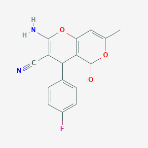 molecular formula C16H11FN2O3 B433331 2-amino-4-(4-fluorophenyl)-7-methyl-5-oxo-4H,5H-pyrano[4,3-b]pyran-3-carbonitrile CAS No. 315246-03-8