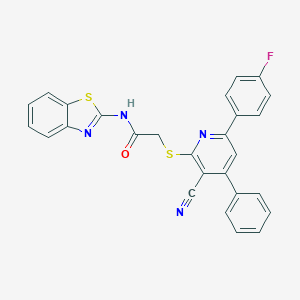 molecular formula C27H17FN4OS2 B433348 N-(1,3-benzothiazol-2-yl)-2-[3-cyano-6-(4-fluorophenyl)-4-phenylpyridin-2-yl]sulfanylacetamide CAS No. 313380-14-2