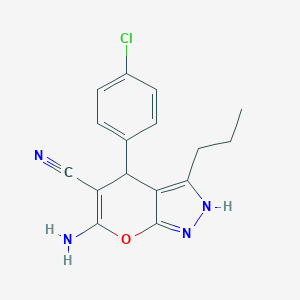 molecular formula C16H15ClN4O B433391 6-Amino-4-(4-chlorophenyl)-3-propyl-1,4-dihydropyrano[2,3-c]pyrazole-5-carbonitrile CAS No. 317842-47-0