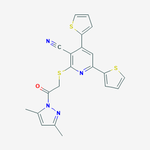 molecular formula C21H16N4OS3 B433395 2-{[2-(3,5-dimethyl-1H-pyrazol-1-yl)-2-oxoethyl]sulfanyl}-4,6-di(2-thienyl)nicotinonitrile CAS No. 311810-06-7