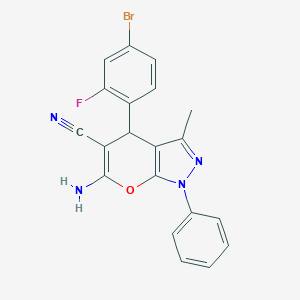 molecular formula C20H14BrFN4O B433406 6-Amino-4-(4-bromo-2-fluorophenyl)-3-methyl-1-phenyl-1,4-dihydropyrano[2,3-c]pyrazole-5-carbonitrile CAS No. 317842-13-0