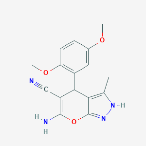molecular formula C16H16N4O3 B433411 6-Amino-4-(2,5-dimethoxyphenyl)-3-methyl-1,4-dihydropyrano[2,3-c]pyrazole-5-carbonitrile CAS No. 132814-01-8