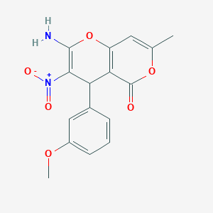 molecular formula C16H14N2O6 B433416 2-amino-3-nitro-4-(3-methoxyphenyl)-7-methyl-4H,5H-pyrano[4,3-b]pyran-5-one CAS No. 247079-71-6