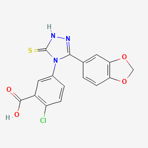 molecular formula C16H10ClN3O4S B4334281 5-[3-(2H-1,3-BENZODIOXOL-5-YL)-5-SULFANYL-4H-1,2,4-TRIAZOL-4-YL]-2-CHLOROBENZOIC ACID 