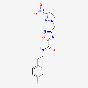 molecular formula C15H13FN6O4 B4334517 N-[2-(4-fluorophenyl)ethyl]-3-[(3-nitro-1H-pyrazol-1-yl)methyl]-1,2,4-oxadiazole-5-carboxamide 