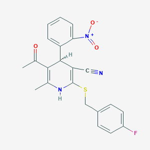 molecular formula C22H18FN3O3S B433458 5-Acetyl-2-[(4-fluorobenzyl)sulfanyl]-4-{2-nitrophenyl}-6-methyl-1,4-dihydro-3-pyridinecarbonitrile CAS No. 293320-03-3