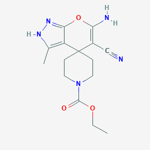 molecular formula C15H19N5O3 B433481 6-Amino-5-cyano-3-methyl-2,4-dihydro-1'-ethylcarboxylspiro[pyrano[2,3-c]pyrazole-4,4'-piperidine] CAS No. 380842-01-3