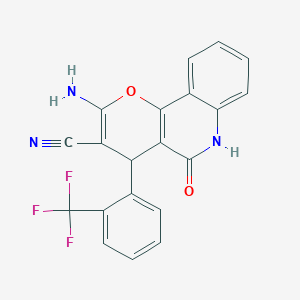 molecular formula C20H12F3N3O2 B433486 2-amino-5-oxo-4-[2-(trifluoromethyl)phenyl]-5,6-dihydro-4H-pyrano[3,2-c]quinoline-3-carbonitrile CAS No. 340812-31-9